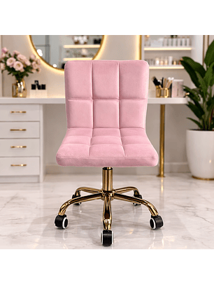 Silla de Manicure Rosada con Ruedas Base Dorada para Salón de Belleza y Estética