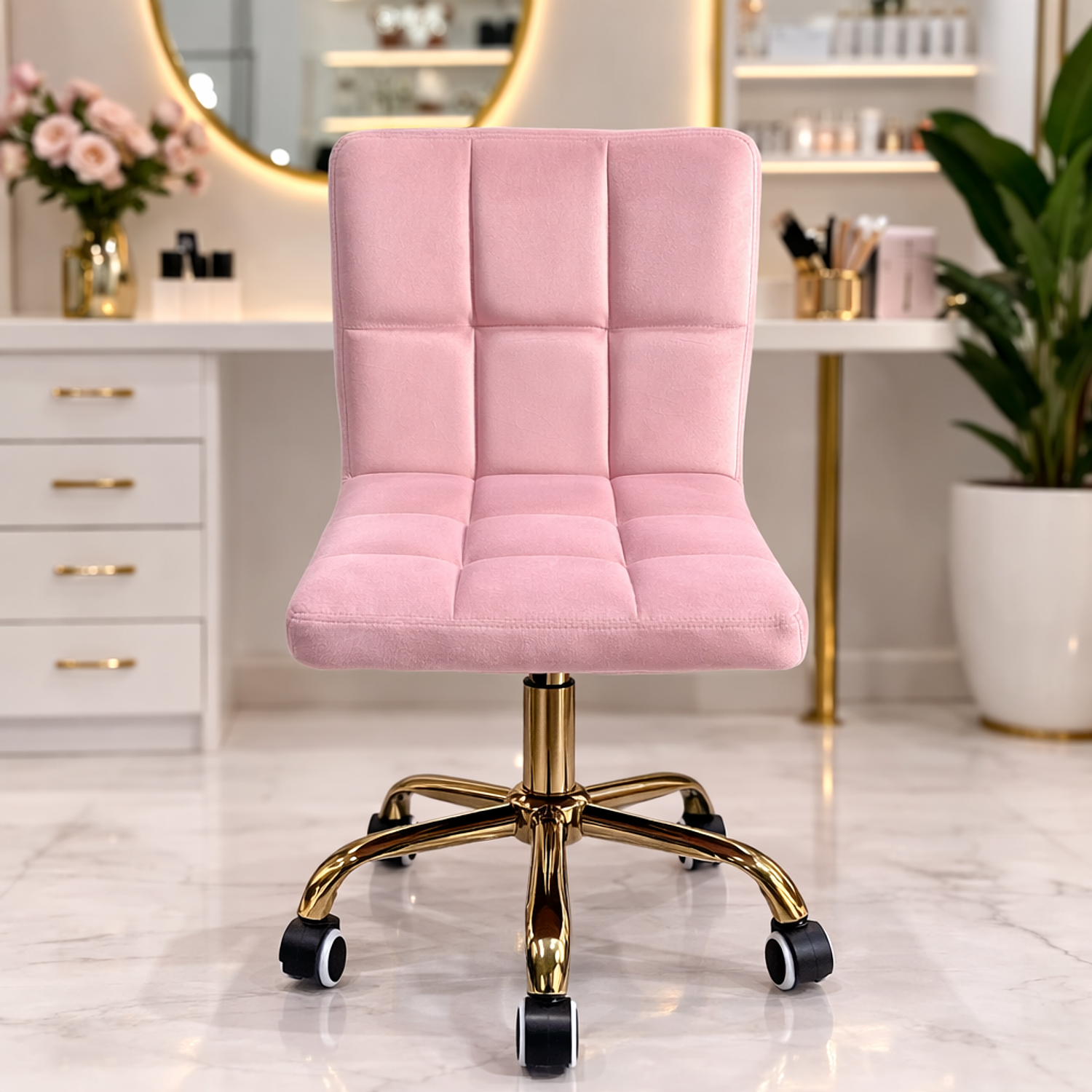 Silla de Manicure Rosada con Ruedas Base Dorada para Salón de Belleza y Estética 1