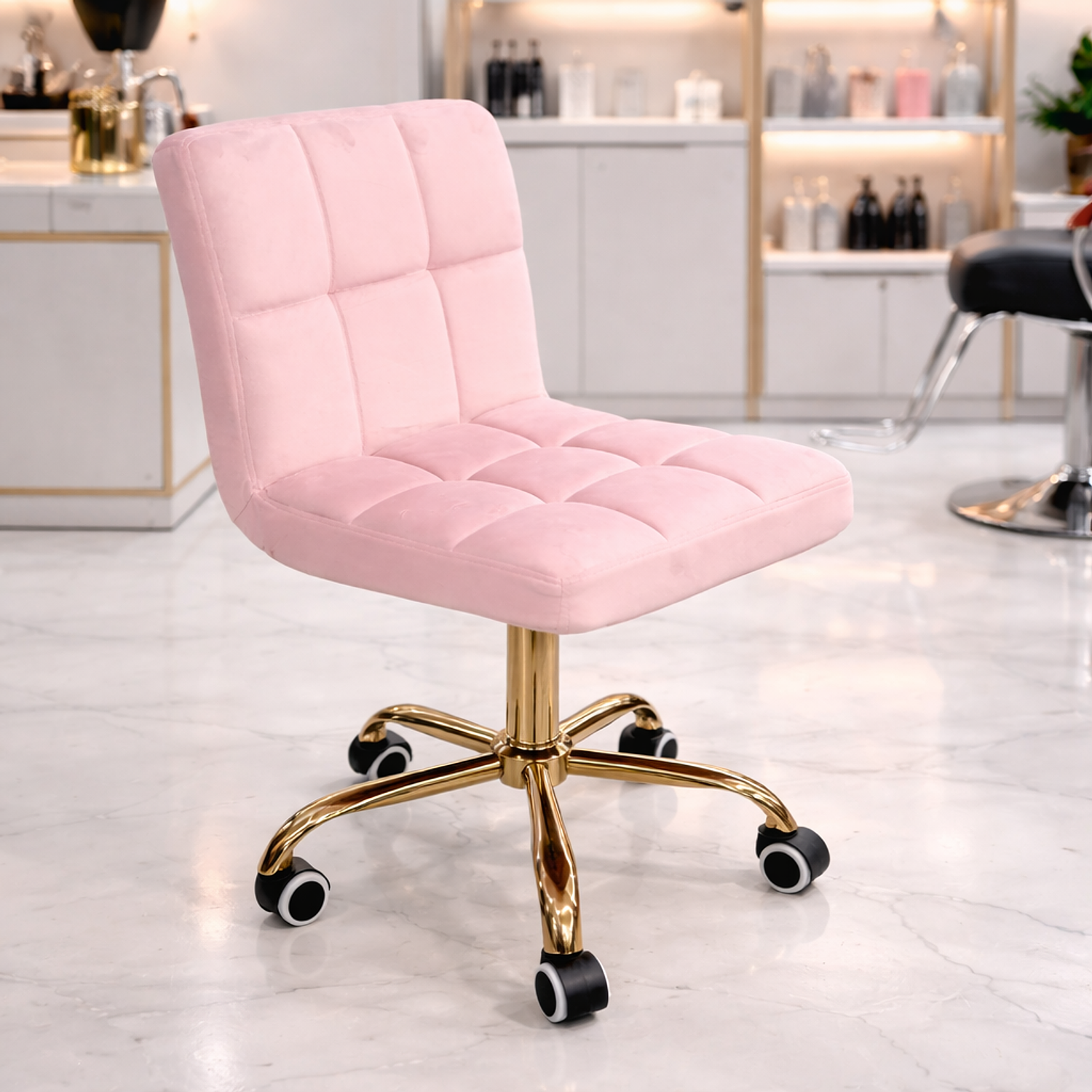 Silla de Manicure Rosada con Ruedas Base Dorada para Salón de Belleza y Estética 2
