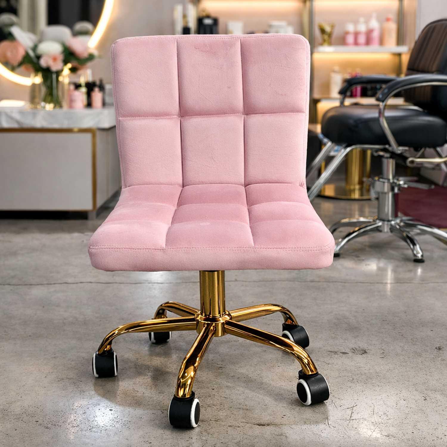 Silla de Manicure Rosada con Ruedas Base Dorada para Salón de Belleza y Estética 3