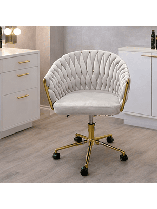 Silla de Felpa Giratoria para Manicura con Ruedas y Base Dorada