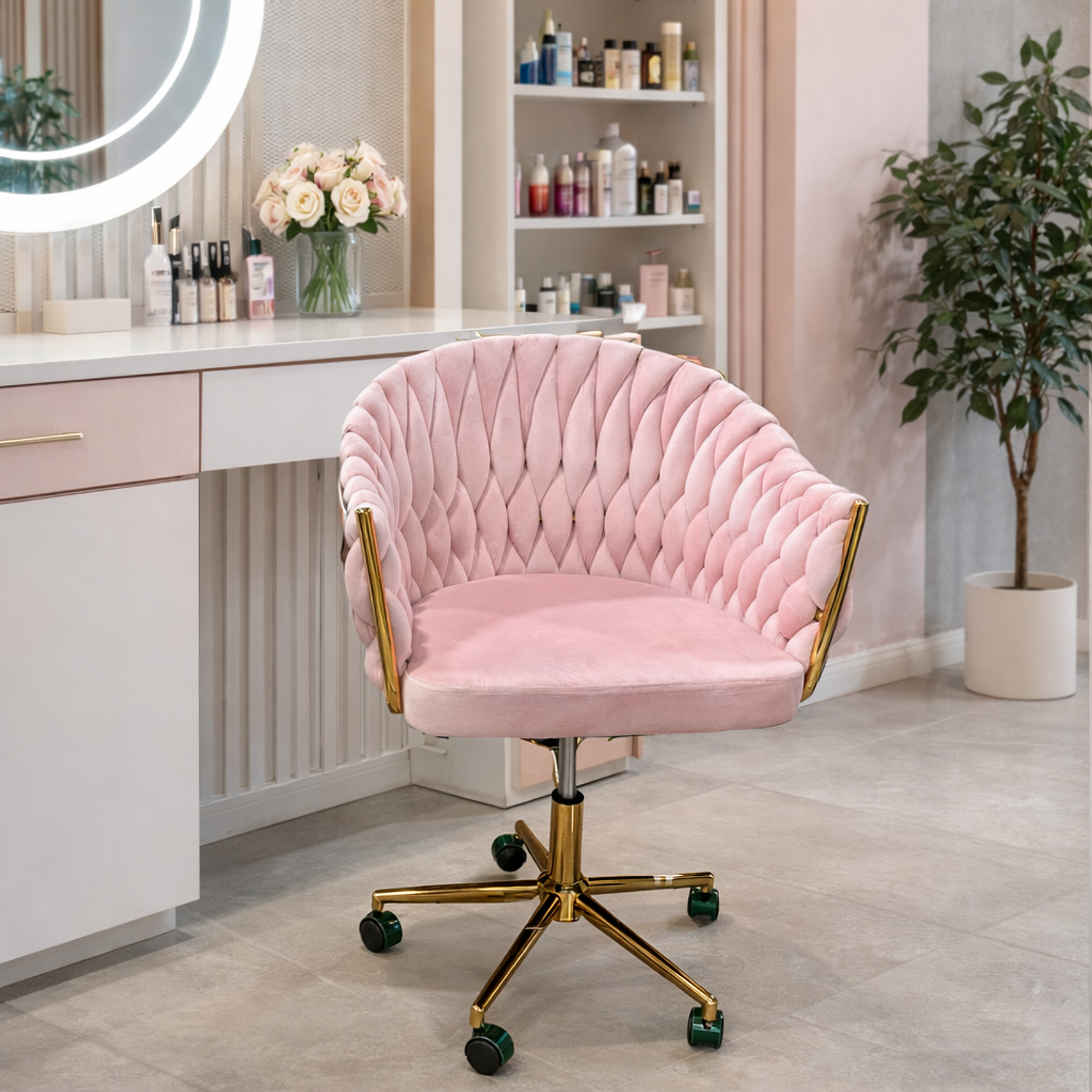 Silla de Felpa Giratoria para Manicura con Ruedas y Base Dorada 4