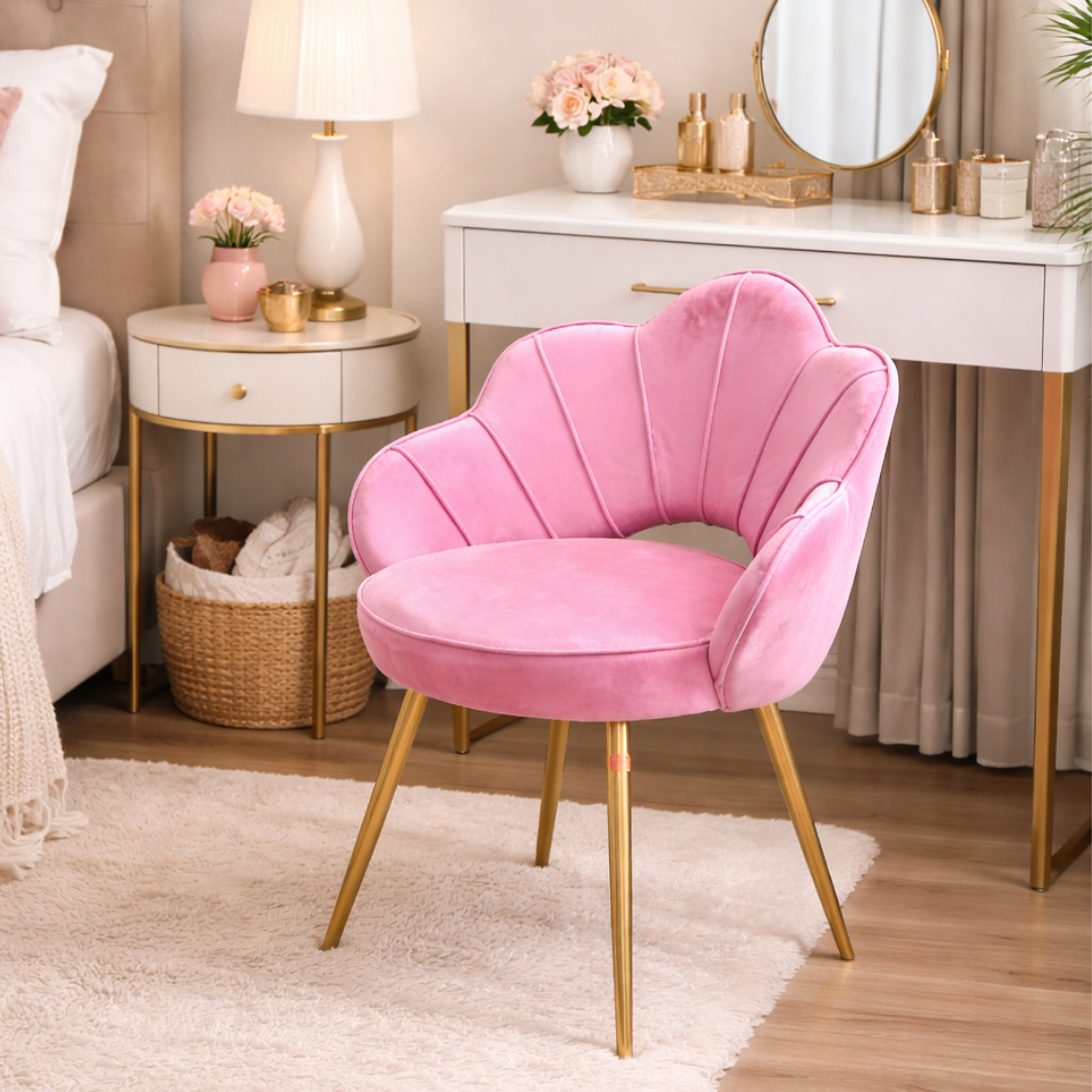 Silla Concha de Terciopelo para Salón de Belleza y Tocador con Patas Doradas 2