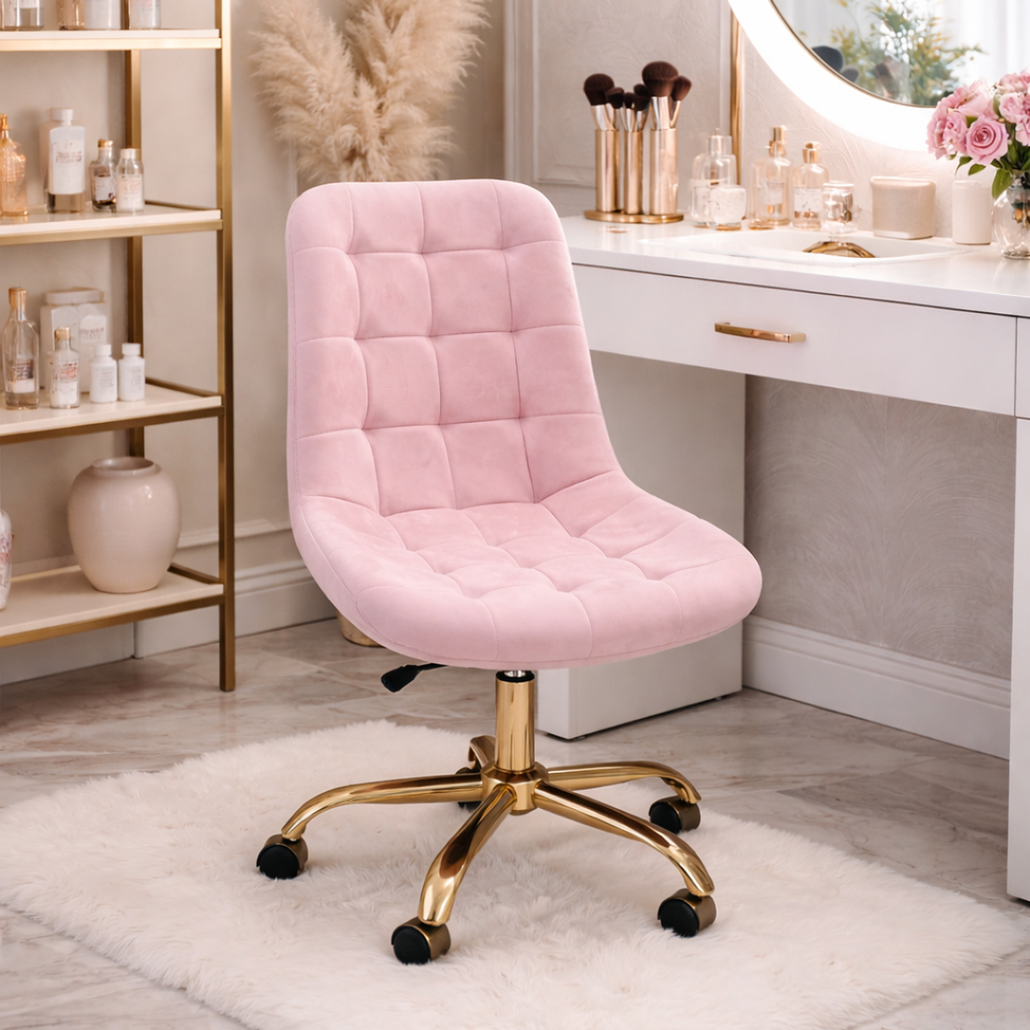 Silla Moderna Giratoria Terciopelo Rosa Acolchada con Ruedas y Base Dorada  1