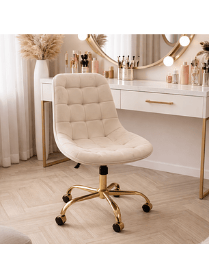 Silla Acolchada Moderna de Terciopelo Beige con Ruedas Base Dorada 