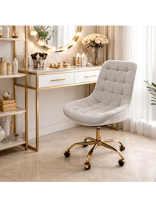 Silla Giratoria Moderna Terciopelo Gris Acolchado con Base Dorada Ergonómica con Ruedas