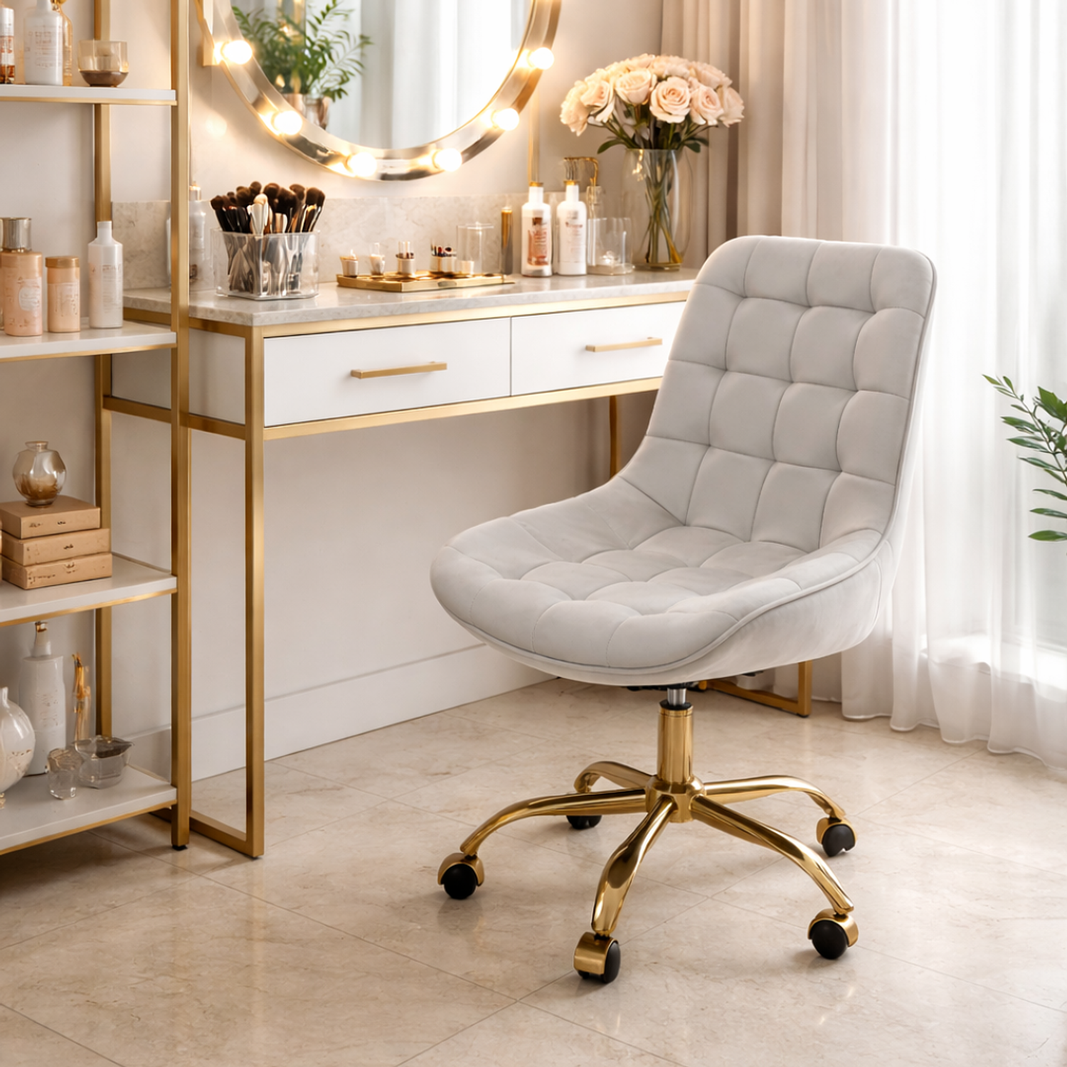 Silla Giratoria Moderna Terciopelo Gris Acolchado con Base Dorada Ergonómica con Ruedas 1