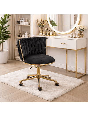 Silla Giratoria con Ruedas de Terciopelo Negro Acolchado con Base Dorada Velvet Royal Trenza Black Gold