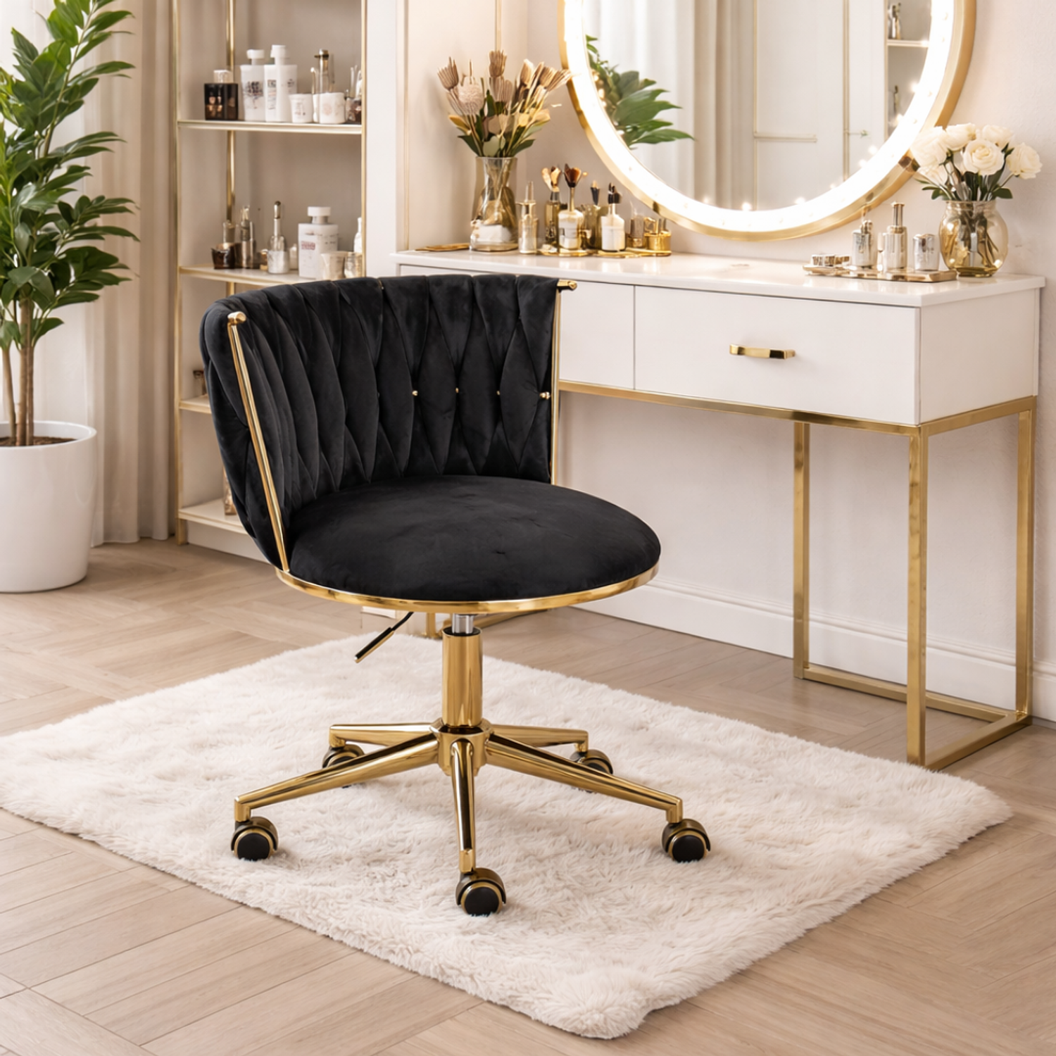 Silla Giratoria con Ruedas de Terciopelo Negro Acolchado con Base Dorada Velvet Royal Trenza Black Gold 1