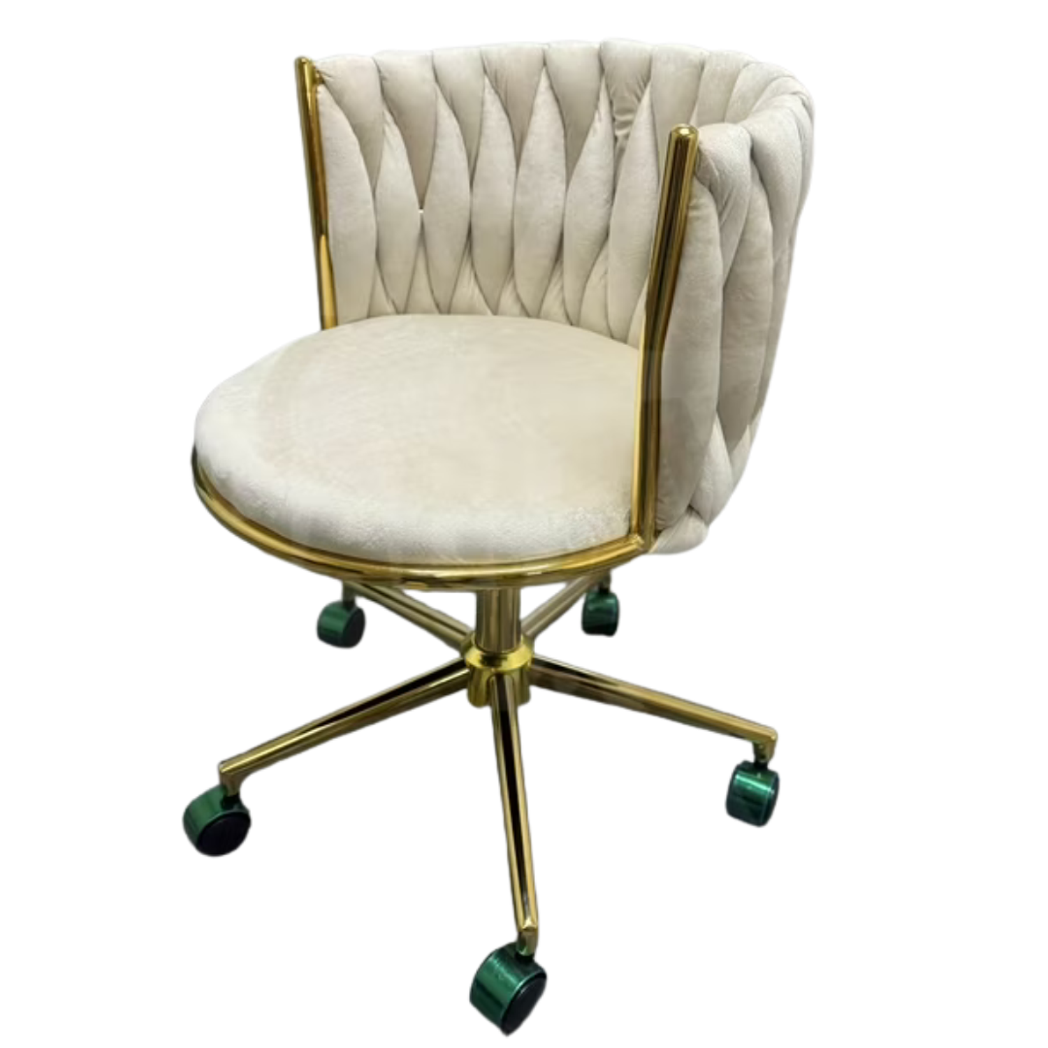 Silla Moderna de Terciopelo Acolchado Beige con Base Dorada y Ruedas para Peluquería y Oficina Velvet Royal  3