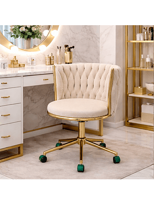 Silla Moderna de Terciopelo Acolchado Beige con Base Dorada y Ruedas para Peluquería y Oficina Velvet Royal 
