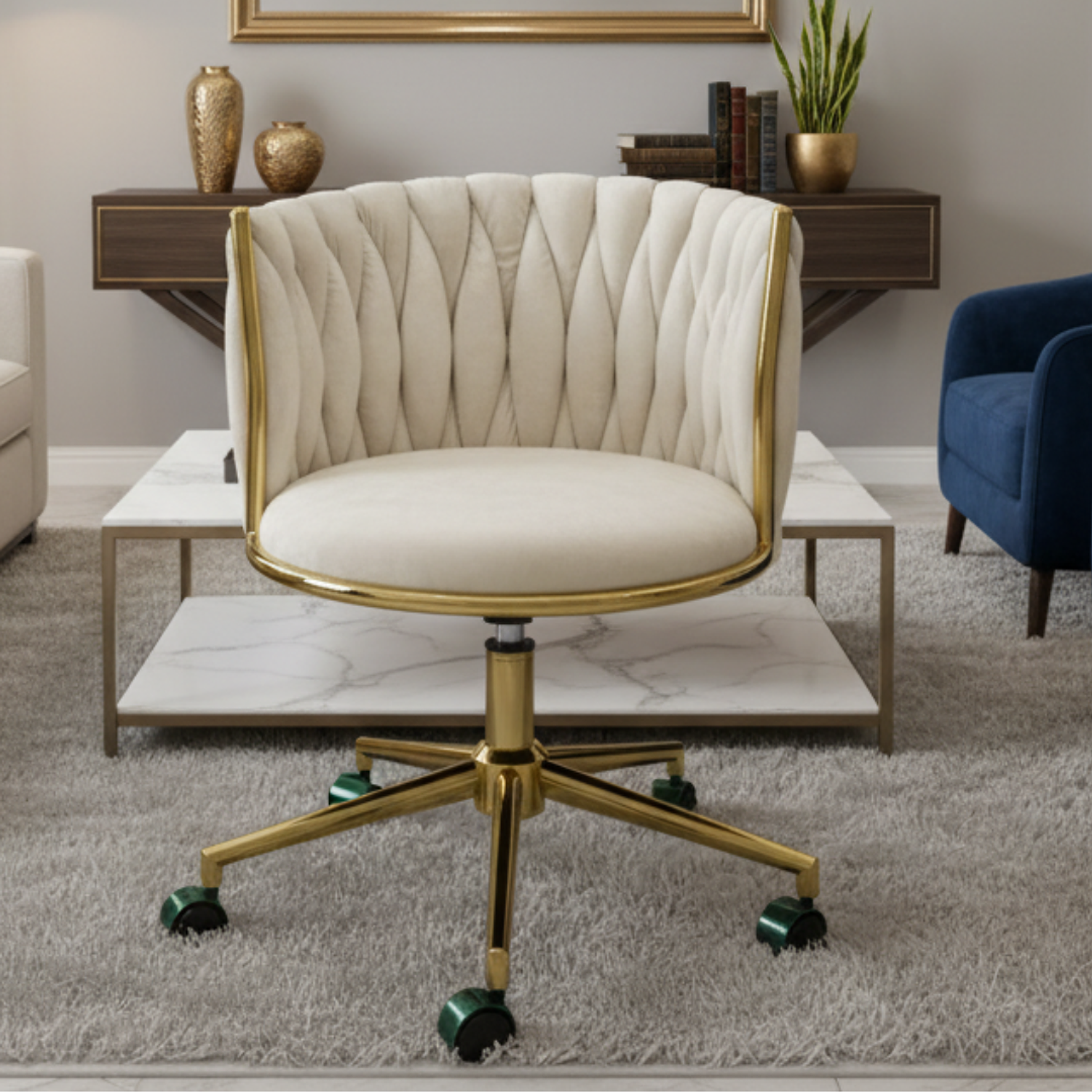 Silla Moderna de Terciopelo Acolchado Beige con Base Dorada y Ruedas para Peluquería y Oficina Velvet Royal  2