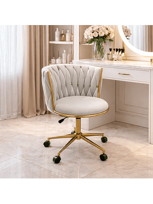 Silla de Terciopelo Gris Acolchada con Base Dorada y Ruedas Velvet Imperial Crown