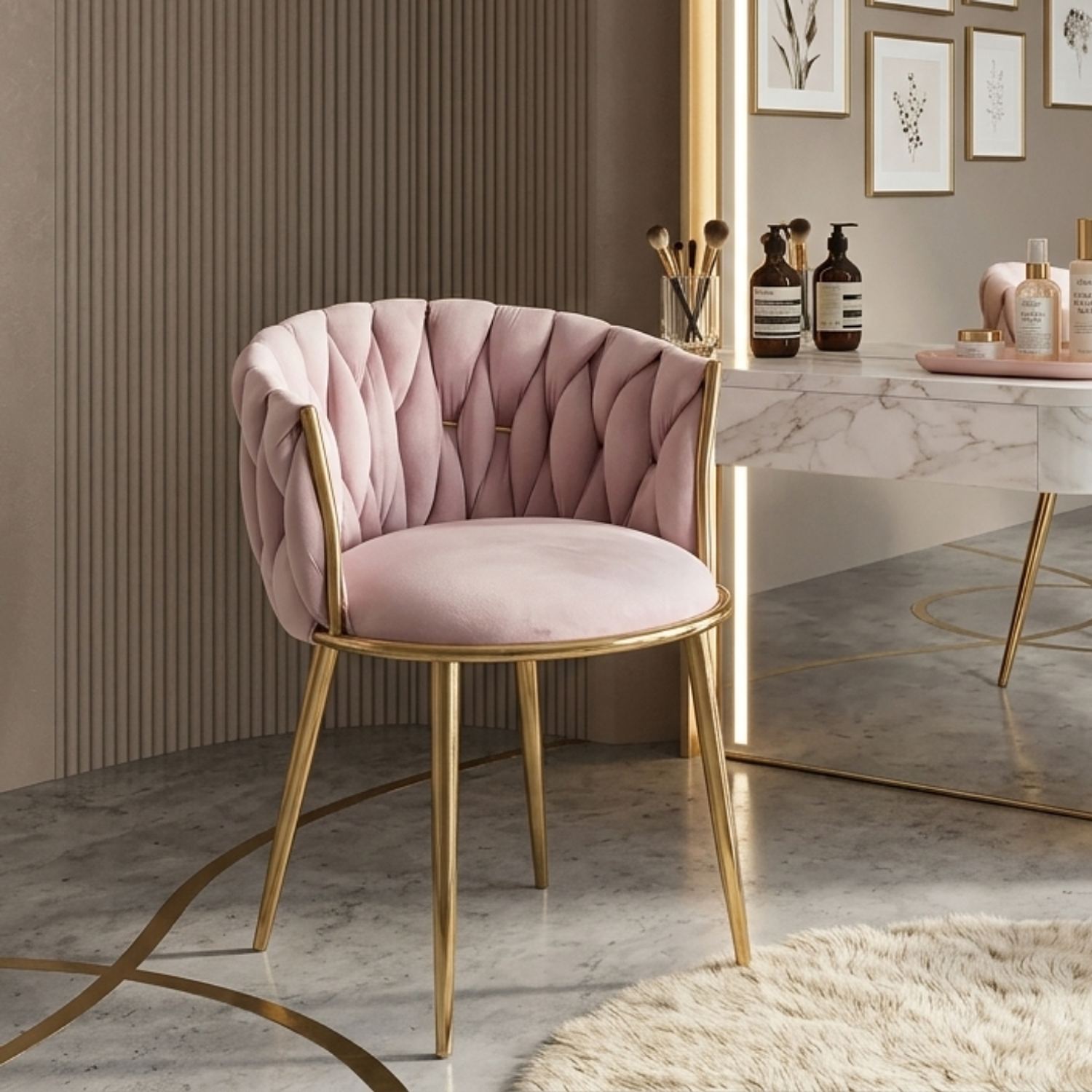 Silla de Terciopelo Rosada Acolchada con Patas Doradas Elegante Moderna para Salón de Belleza Velvet Imperial Blush 4