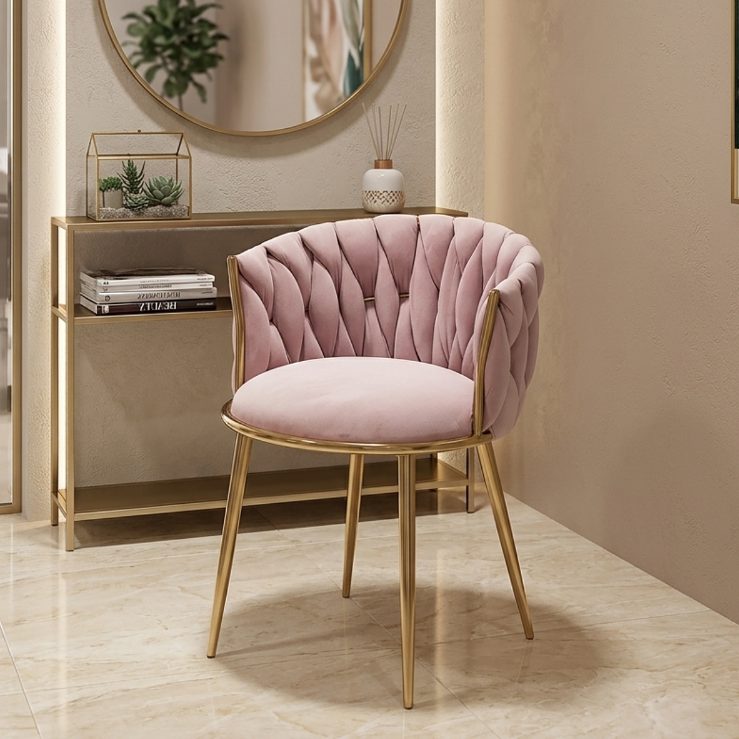 Silla de Terciopelo Rosada Acolchada con Patas Doradas Elegante Moderna para Salón de Belleza Velvet Imperial Blush 1