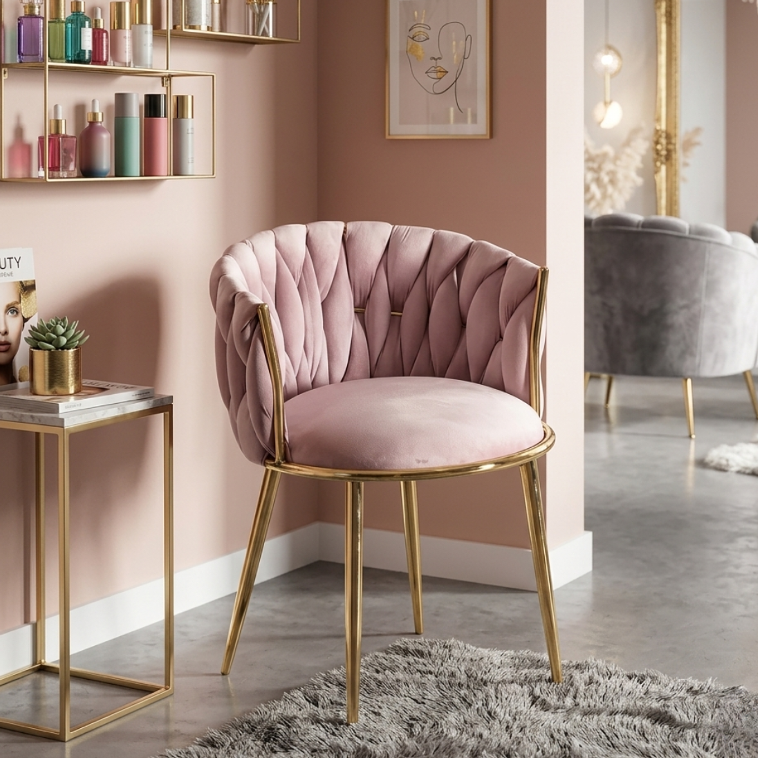 Silla de Terciopelo Rosada Acolchada con Patas Doradas Elegante Moderna para Salón de Belleza Velvet Imperial Blush 5