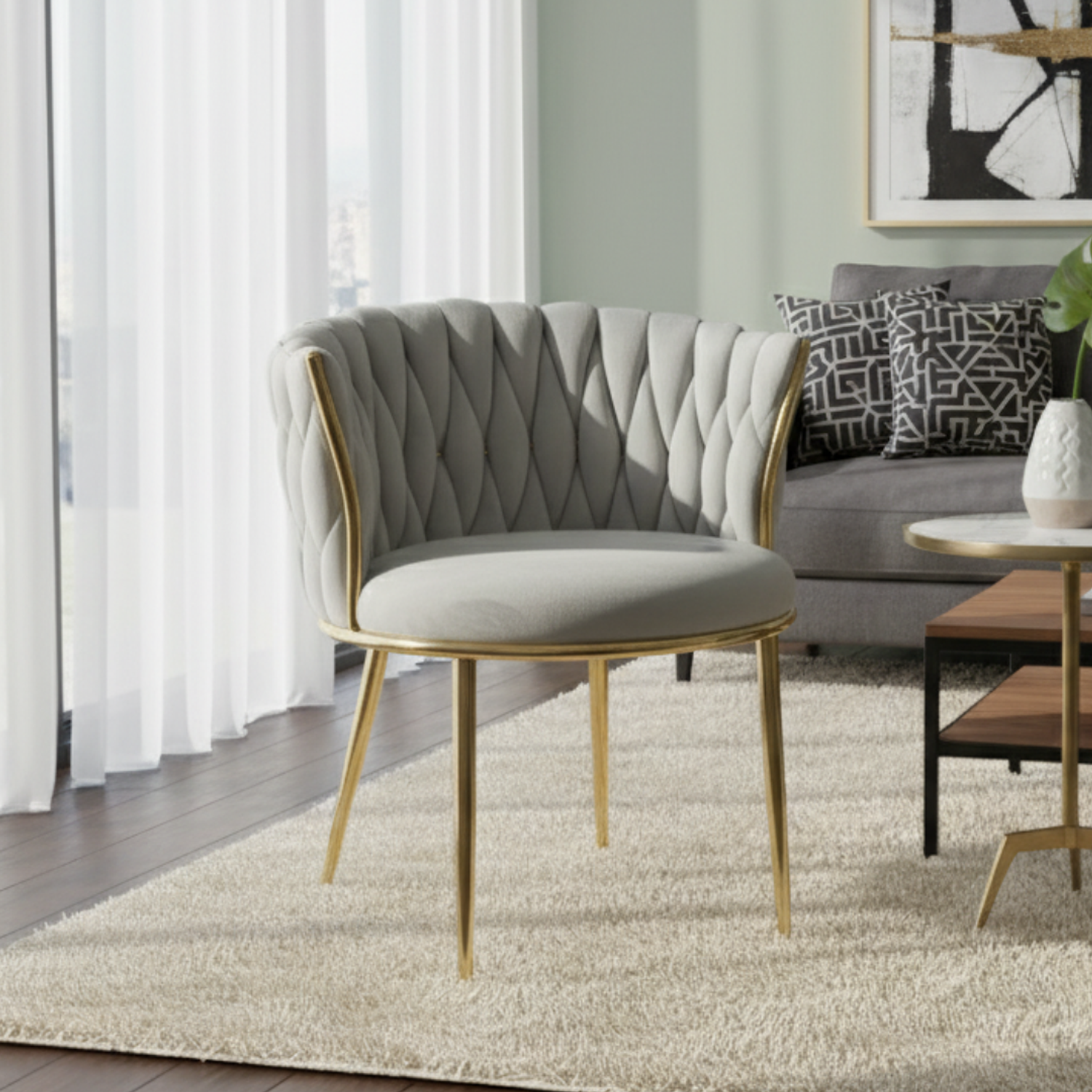 Silla ModernaTrenza de terciopelo Gris con Patas Doradas para Comedor o Tocador Aurelian 1