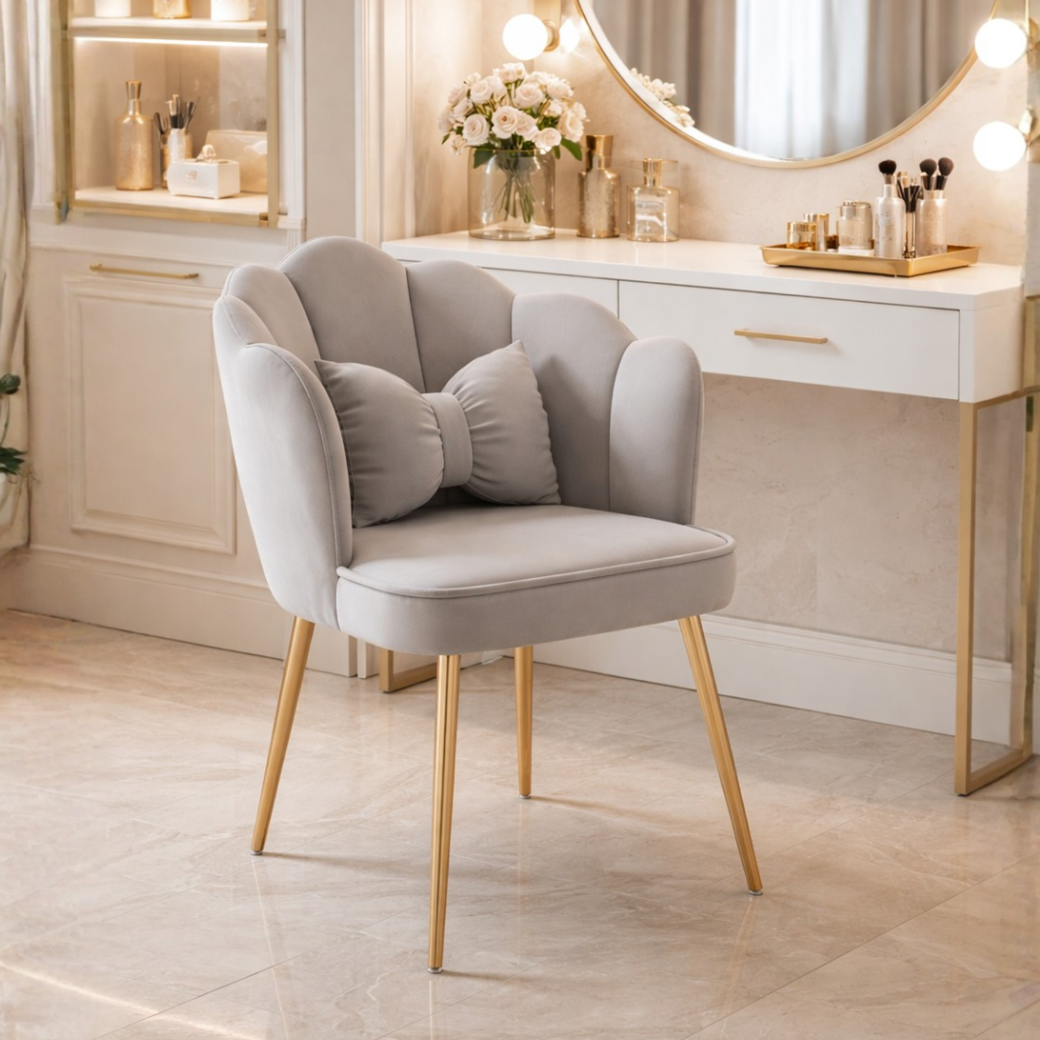 Sitial de Terciopelo Acolchado Gris con Patas Doradas Velvet Aura Shell Gold 1