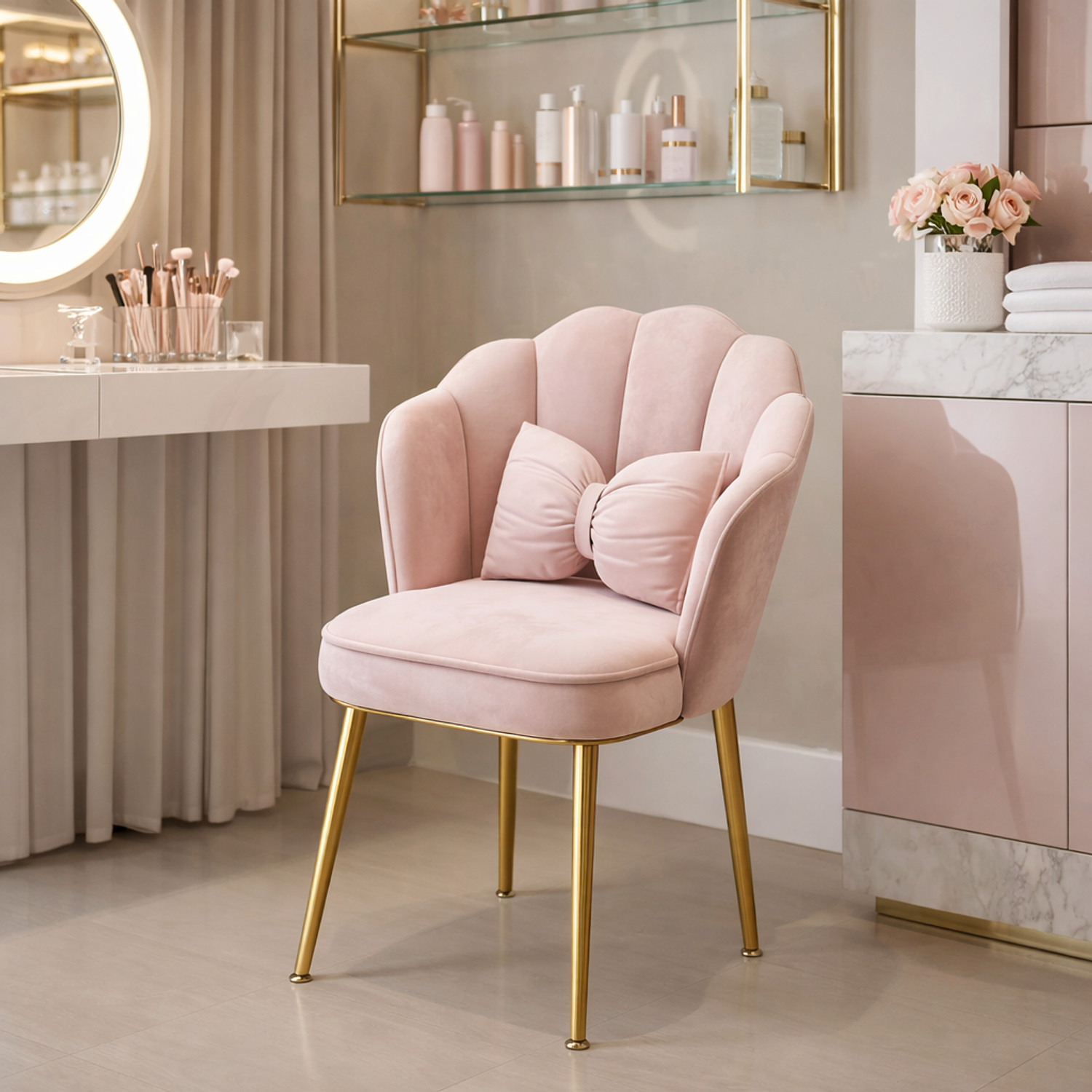 Sitial de Terciopelo Rosado con Patas Doradas y Cojín Decorativo Bow Blush Gold 1