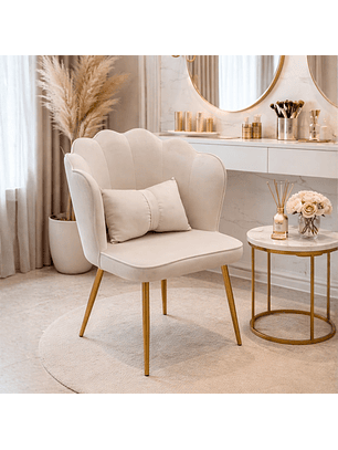 Sitial de Terciopelo Acolchado Color Beige con Patas Doradas Shell Élite Cream