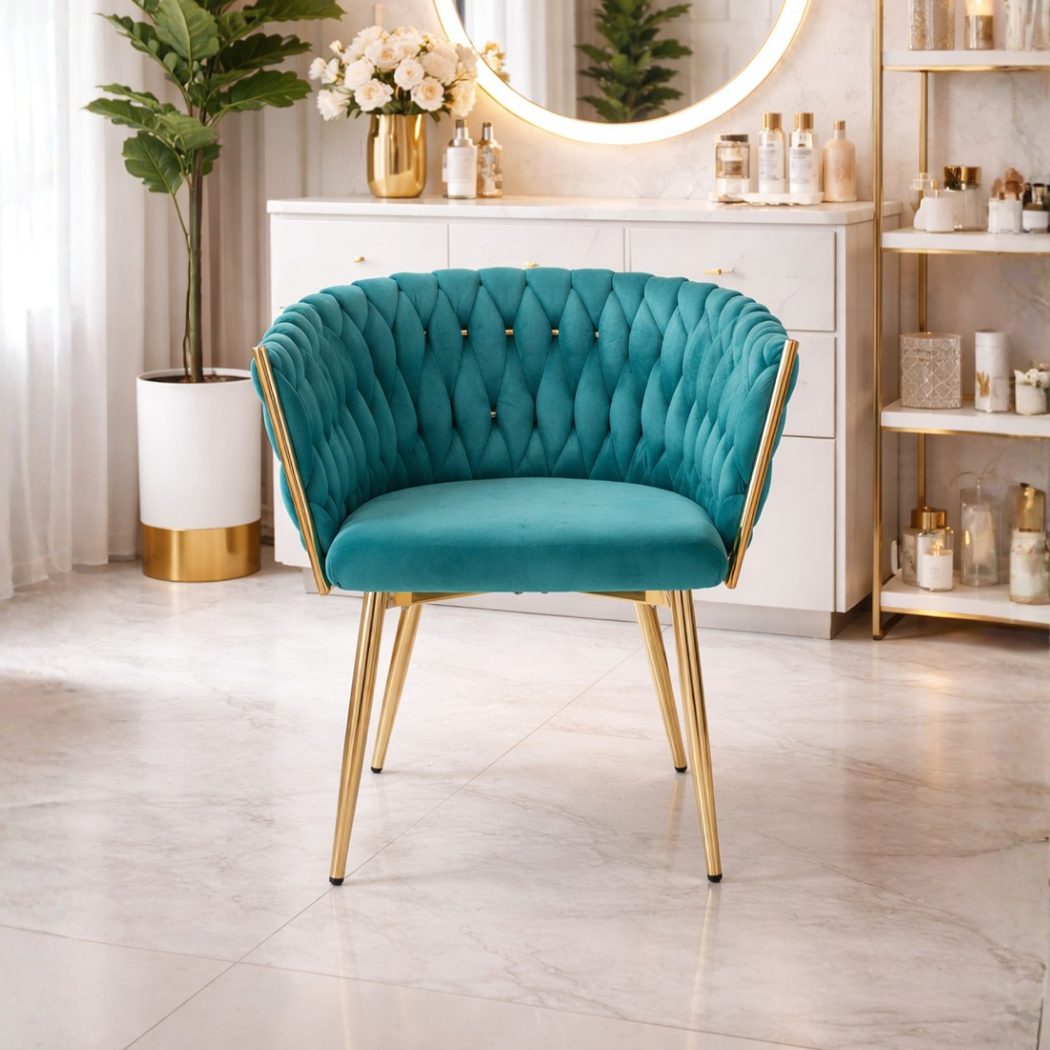 Poltrona Turquesa Tapizada en Felpa con Patas Doradas Velvet Crown Gold 1