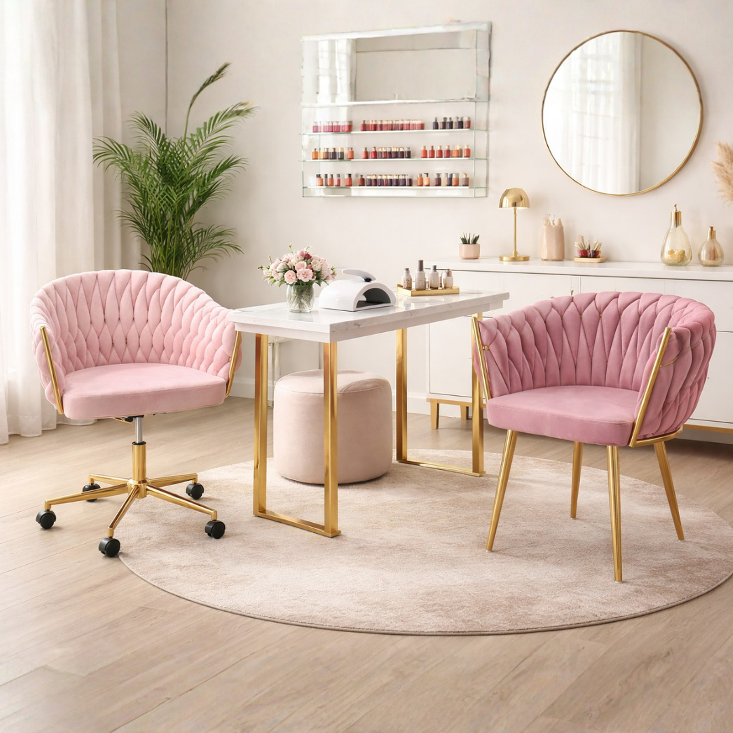 Set de 2 Sillas de Manicura Rosa Terciopelo con Patas Doradas Glam Velvet Duo 2