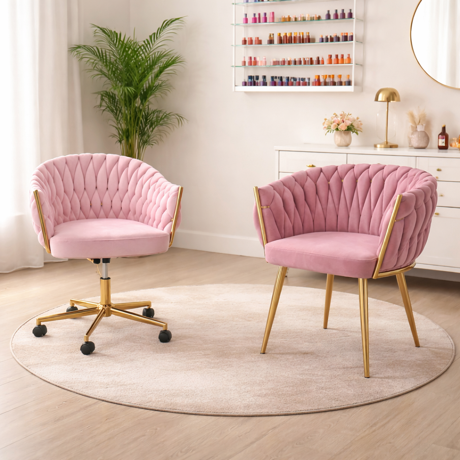 Set de 2 Sillas de Manicura Rosa Terciopelo con Patas Doradas Glam Velvet Duo 1