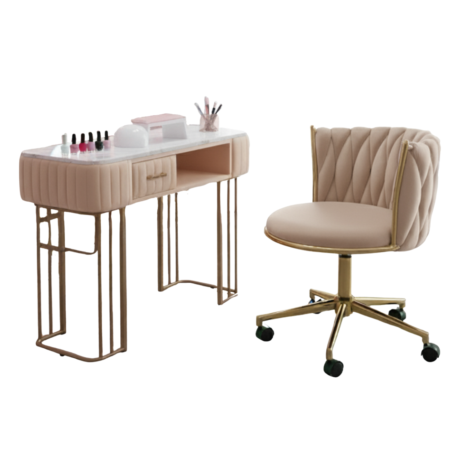 Set  Profesional de Mesa de Manicure con Silla Velvet  y Base Dorada  Glam Pro 6