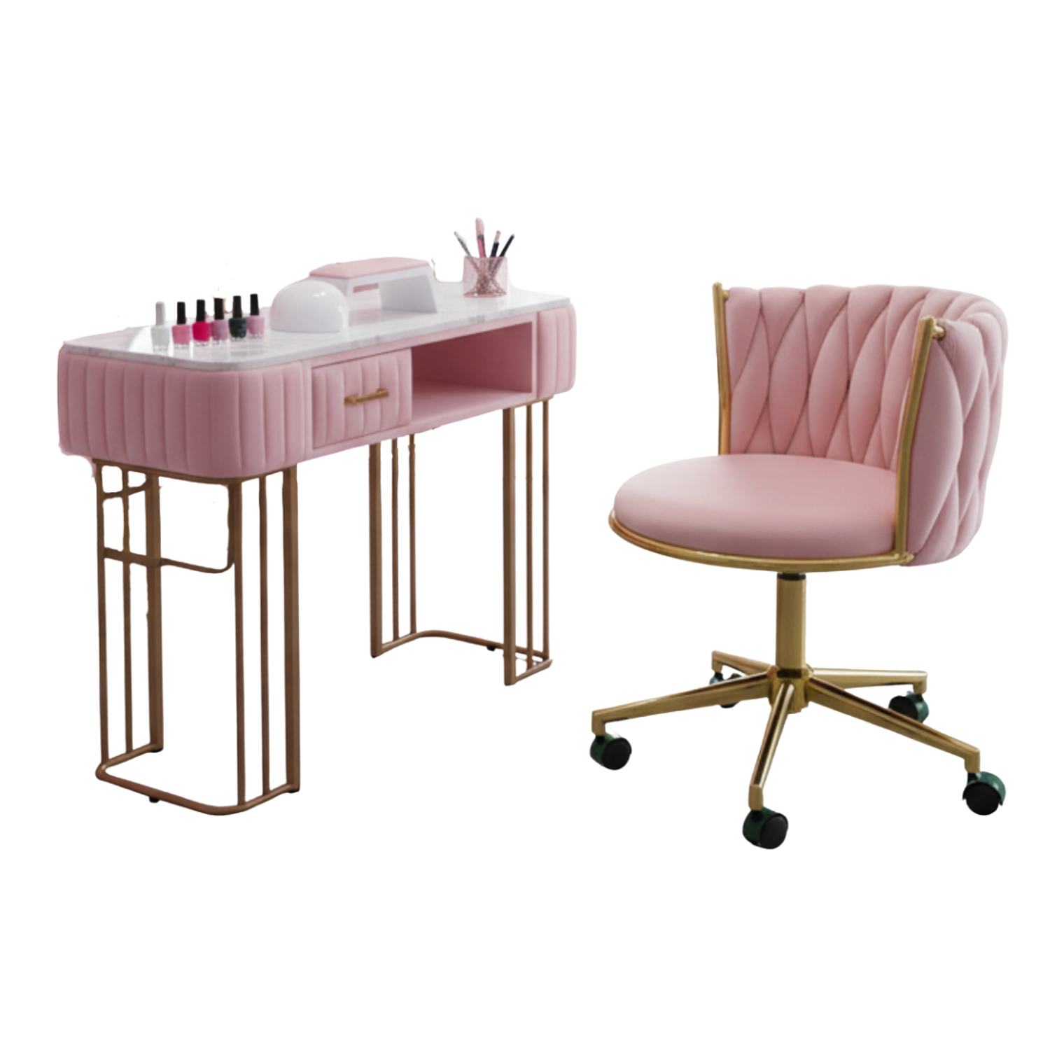 Set  Profesional de Mesa de Manicure con Silla Velvet  y Base Dorada  Glam Pro 2