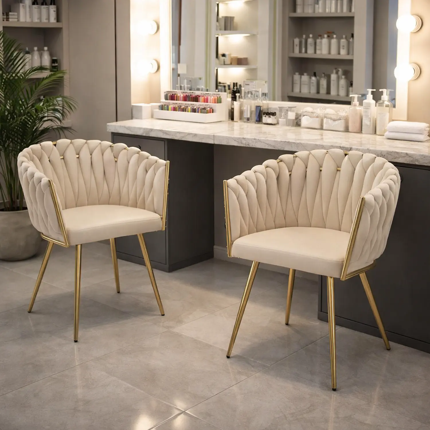 Set de 2 Sillas Manicure Profesionales Trenzada con Base Dorada para Uñas Salón de Belleza  1