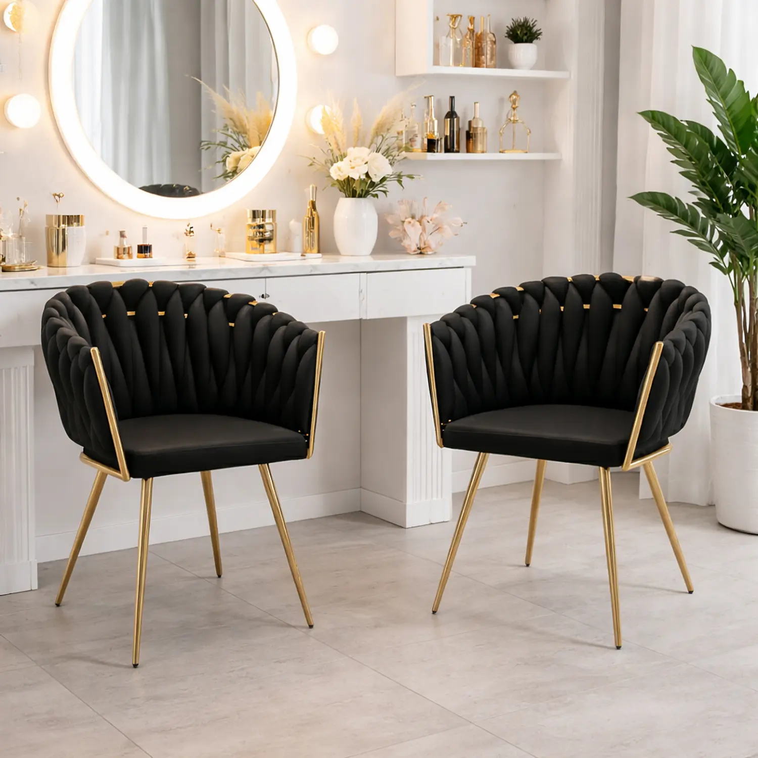 Set de 2 Sillas Manicure Profesionales Trenzada con Base Dorada para Uñas Salón de Belleza  7