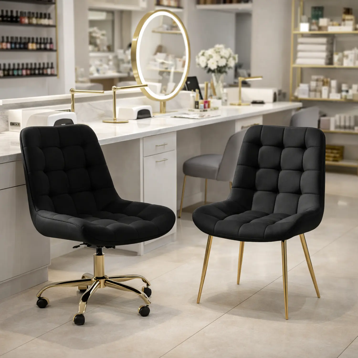 Set 2 Sillas Manicure Profesional Velvet Fija + Giratoria para Uñas Salón de Belleza  7
