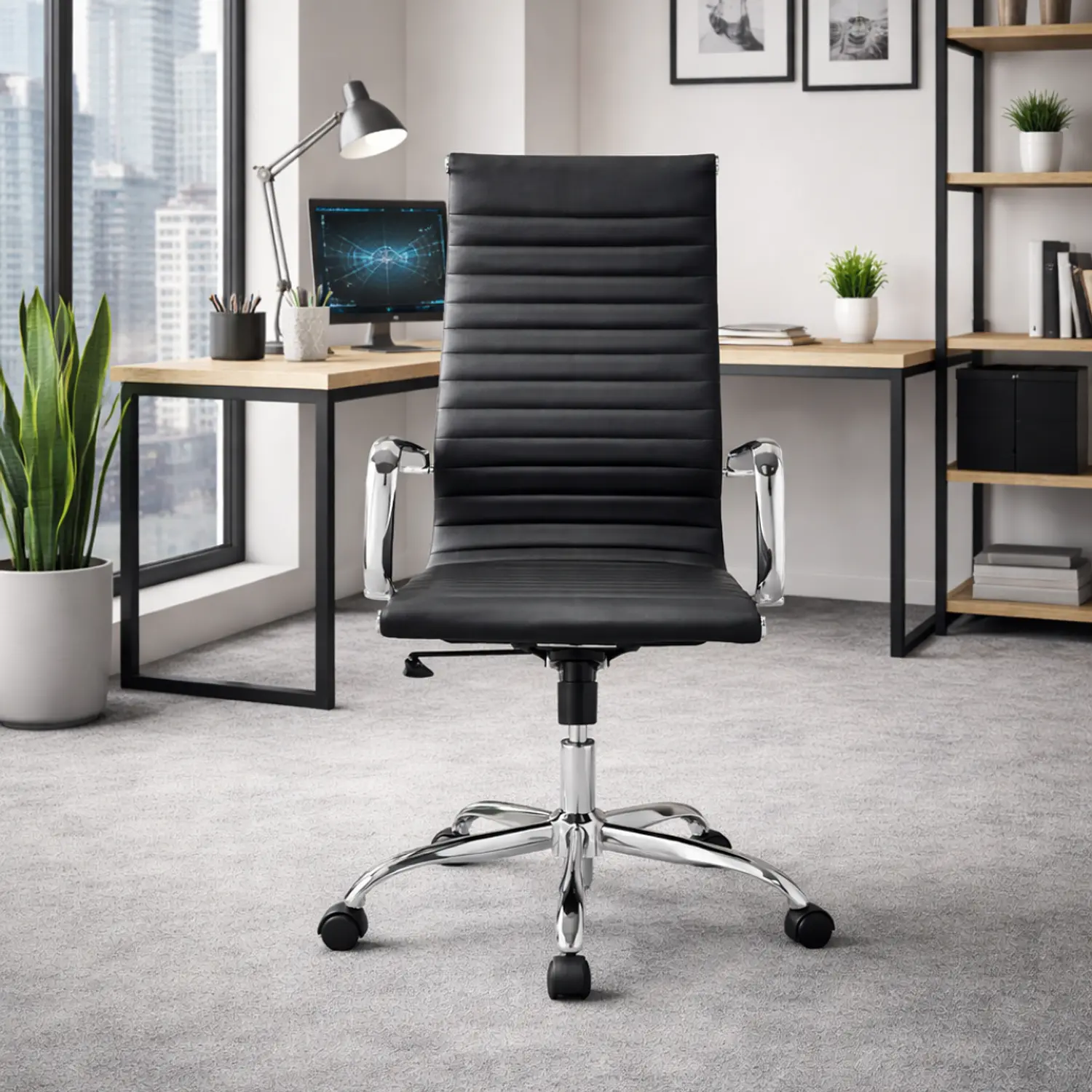 Silla de Oficina Ejecutiva Negra con Brazos Cromados y Ruedas 3
