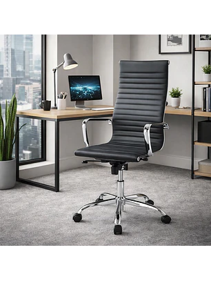 Silla de Oficina Ejecutiva Negra con Brazos Cromados y Ruedas
