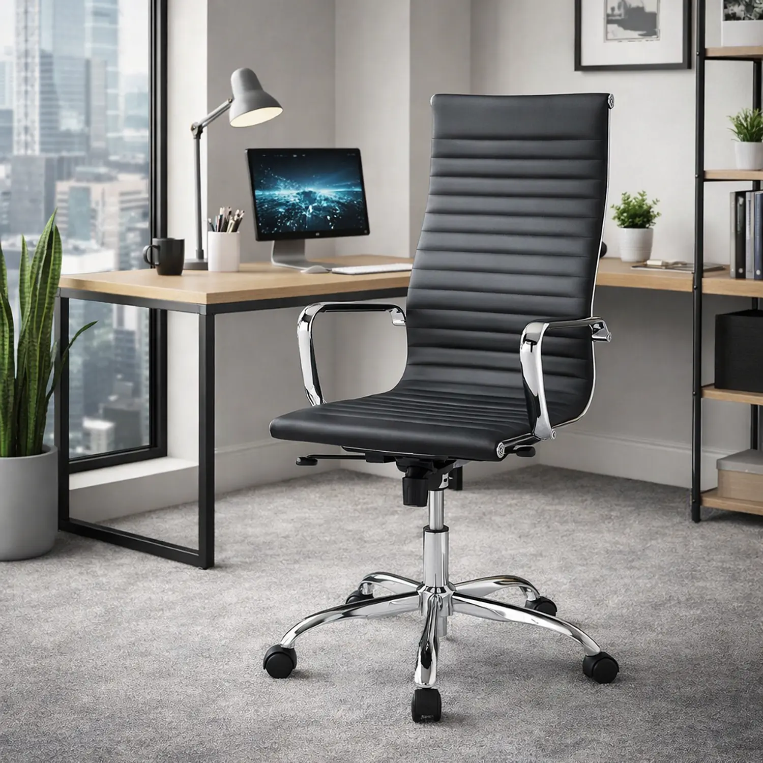 Silla de Oficina Ejecutiva Negra con Brazos Cromados y Ruedas 1