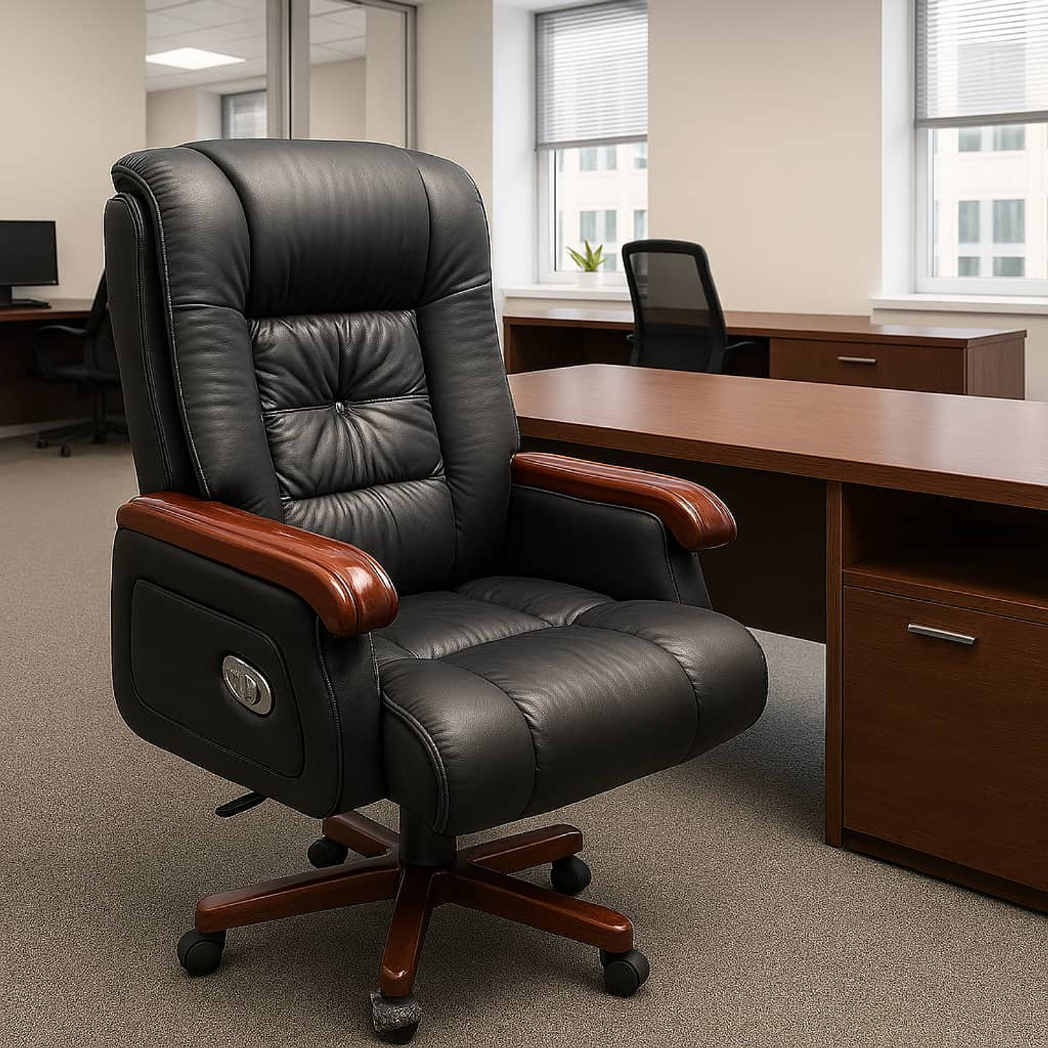 Silla de Escritorio Gerencial Ejecutiva Ergonómica en Cuero Negro con Brazos de Madera – Silla Oficina  1