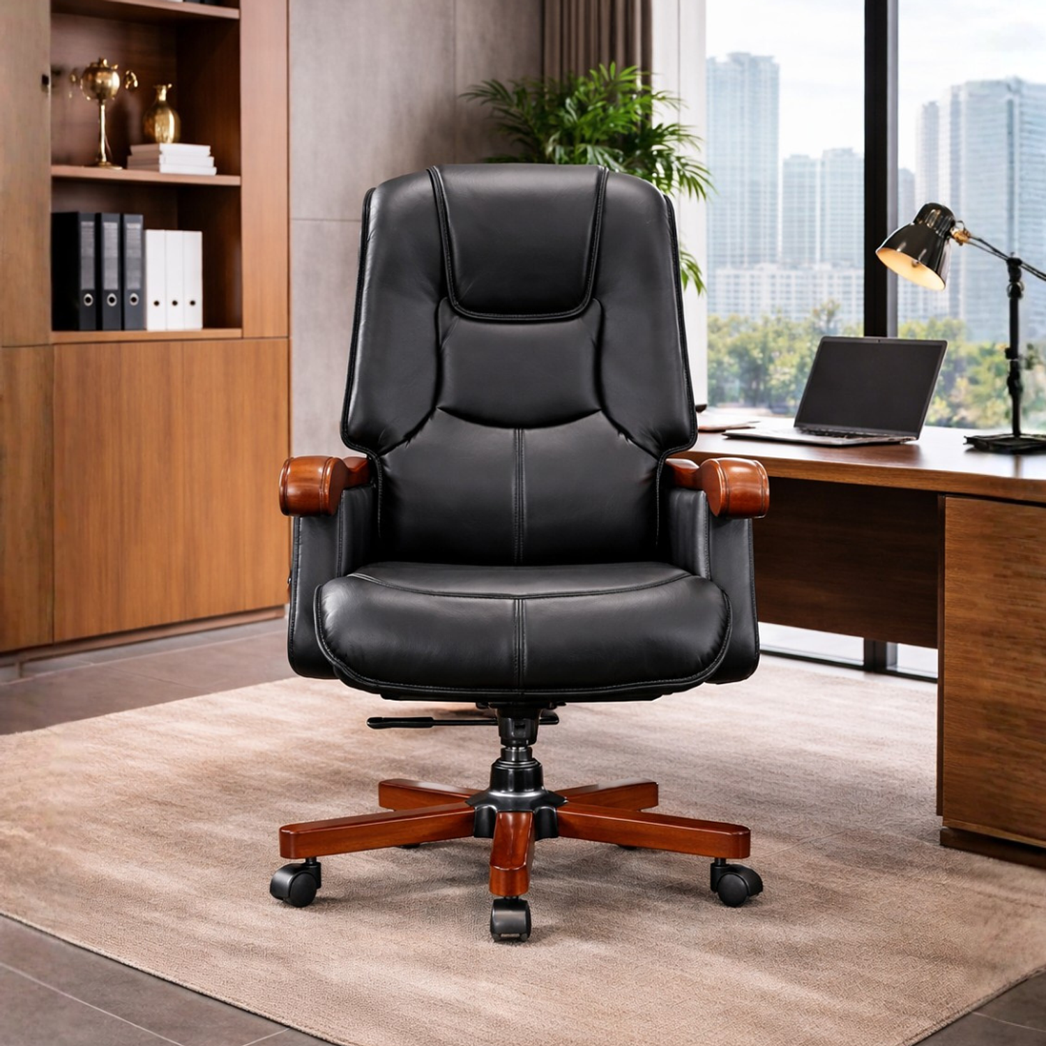 Silla Gerencial Ejecutiva Ergonómica con Base de Madera para Oficina con Soporte Lumbar 2