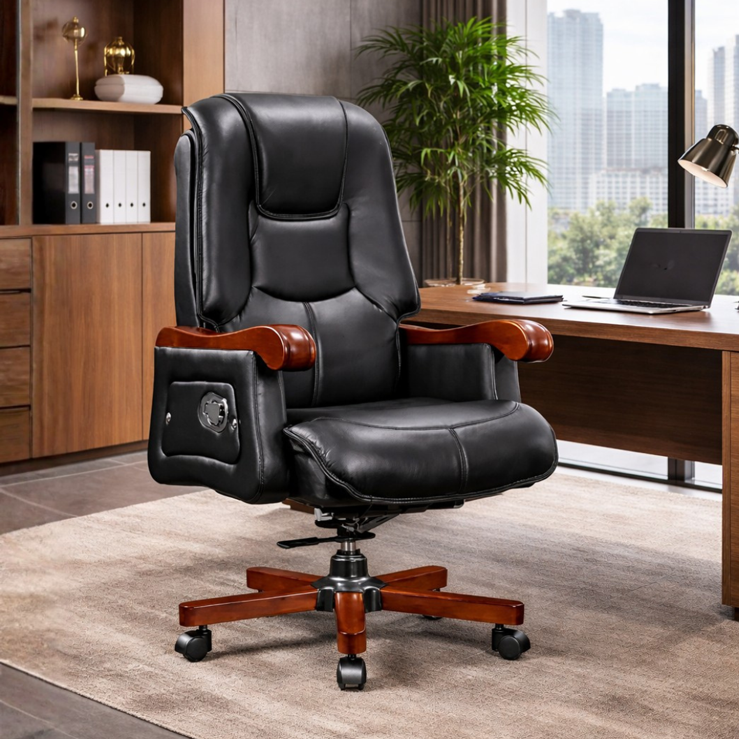 Silla Gerencial Ejecutiva Ergonómica con Base de Madera para Oficina con Soporte Lumbar 1