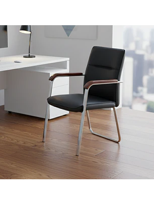 Silla de Escritorio Ejecutiva en Eco Cuero Negra con Brazos de Madera Ergonómica para Oficina y Sala de Espera