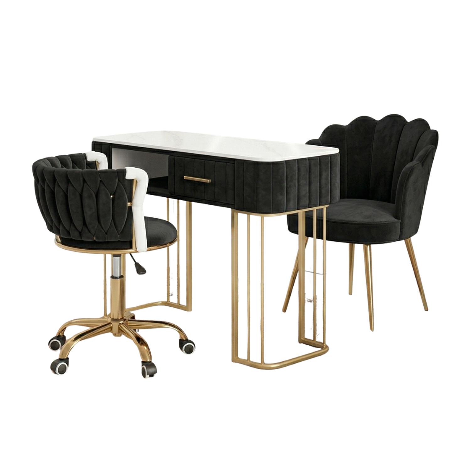 Set de manicura profesional con Mesa de Uñas y 2 Sillas de Manicura Profesional en Felpa Negra 3