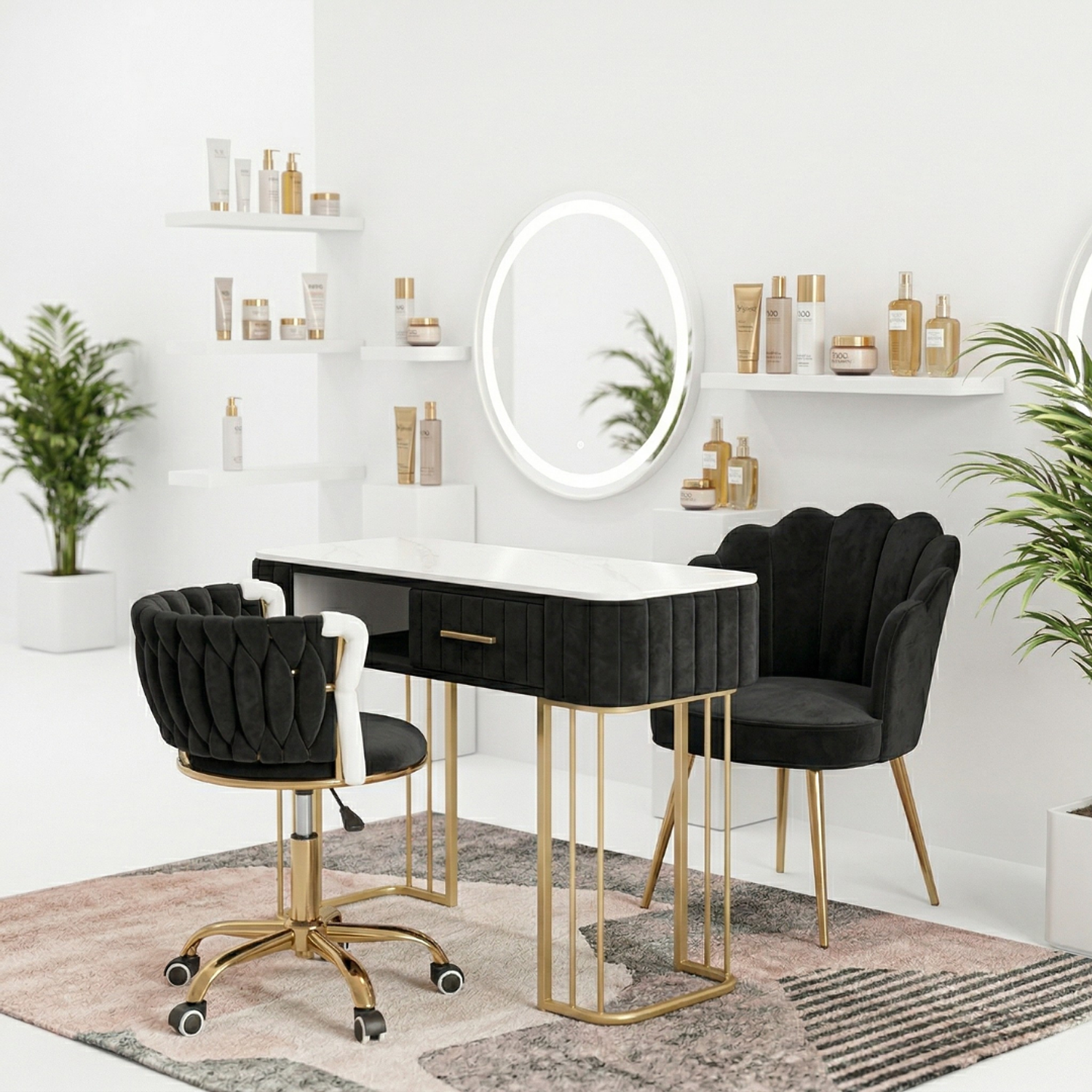 Set de manicura profesional con Mesa de Uñas y 2 Sillas de Manicura Profesional en Felpa Negra 1