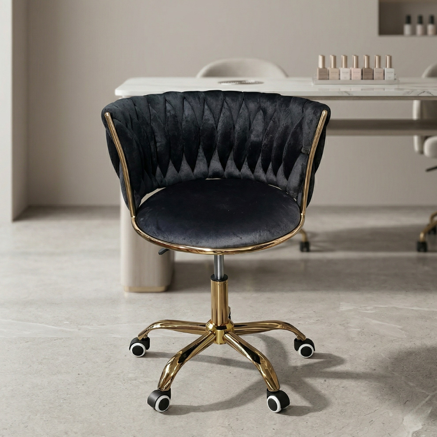 Set de manicura profesional con Mesa de Uñas y 2 Sillas de Manicura Profesional en Felpa Negra 4