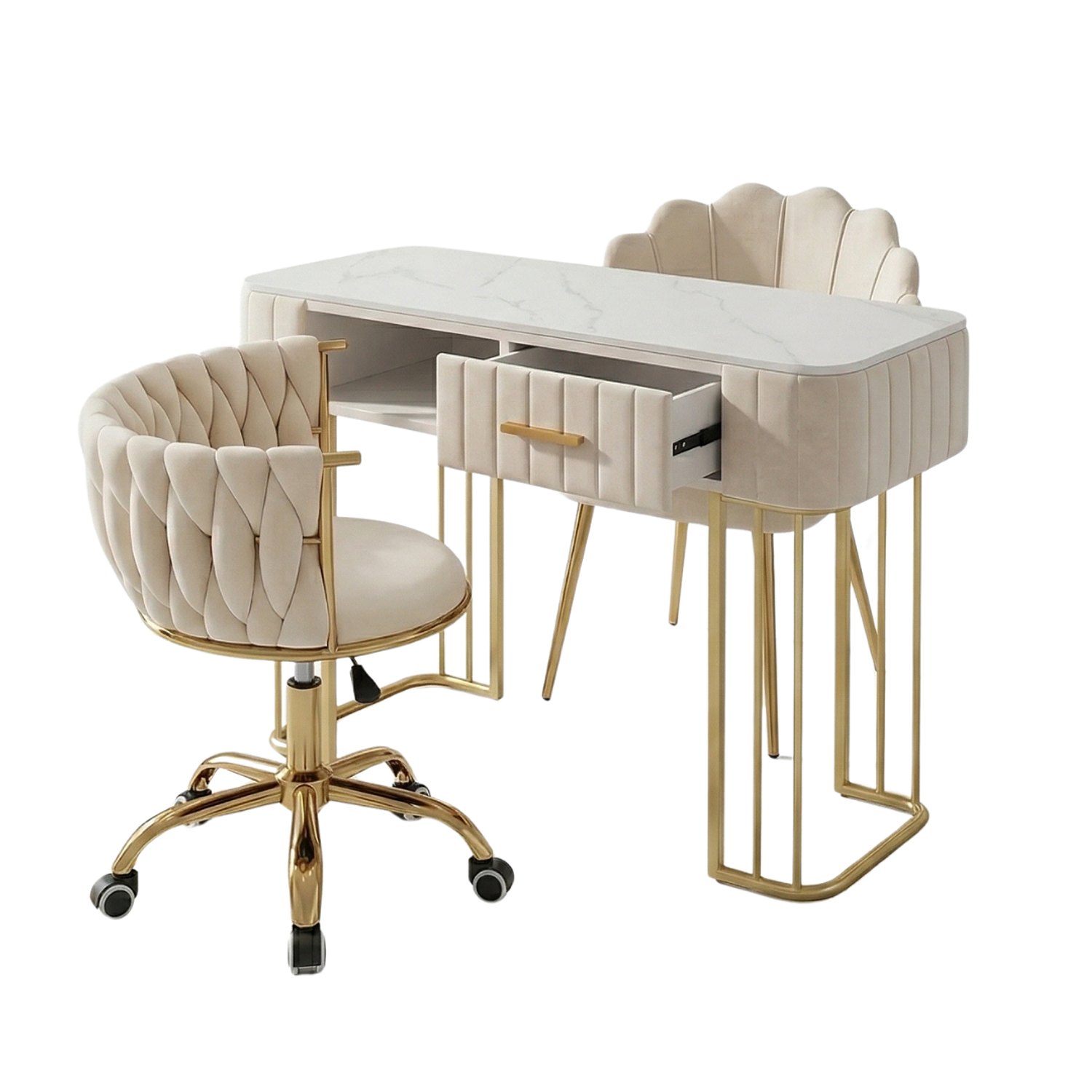 Set de Manicura Profesional Beige con Mesa de Uñas y 2 Sillas una Fija y una Giratoria  2