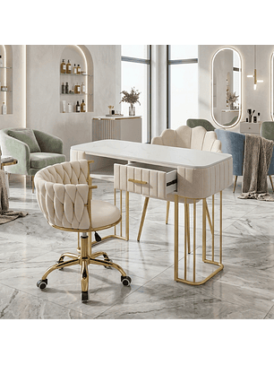 Set de Manicura Profesional Beige con Mesa de Uñas y 2 Sillas una Fija y una Giratoria 