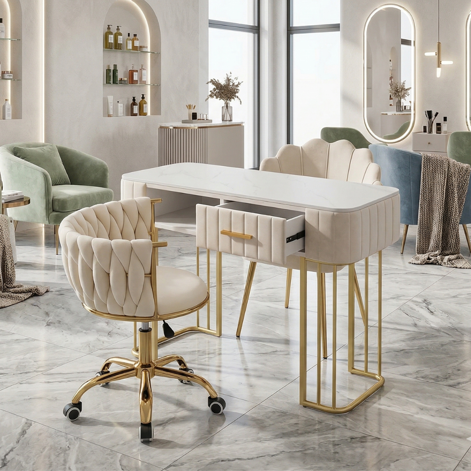 Set de Manicura Profesional Beige con Mesa de Uñas y 2 Sillas una Fija y una Giratoria  1