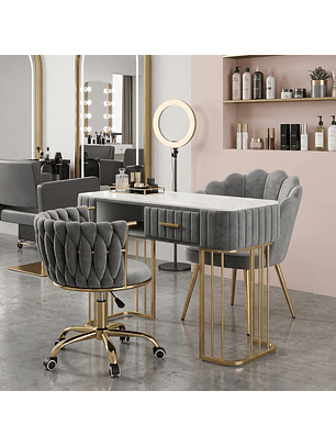 Set de Manicura Profesional con Mesa de Uñas y 2 Sillas Fija y Ruedas Velvet Gris