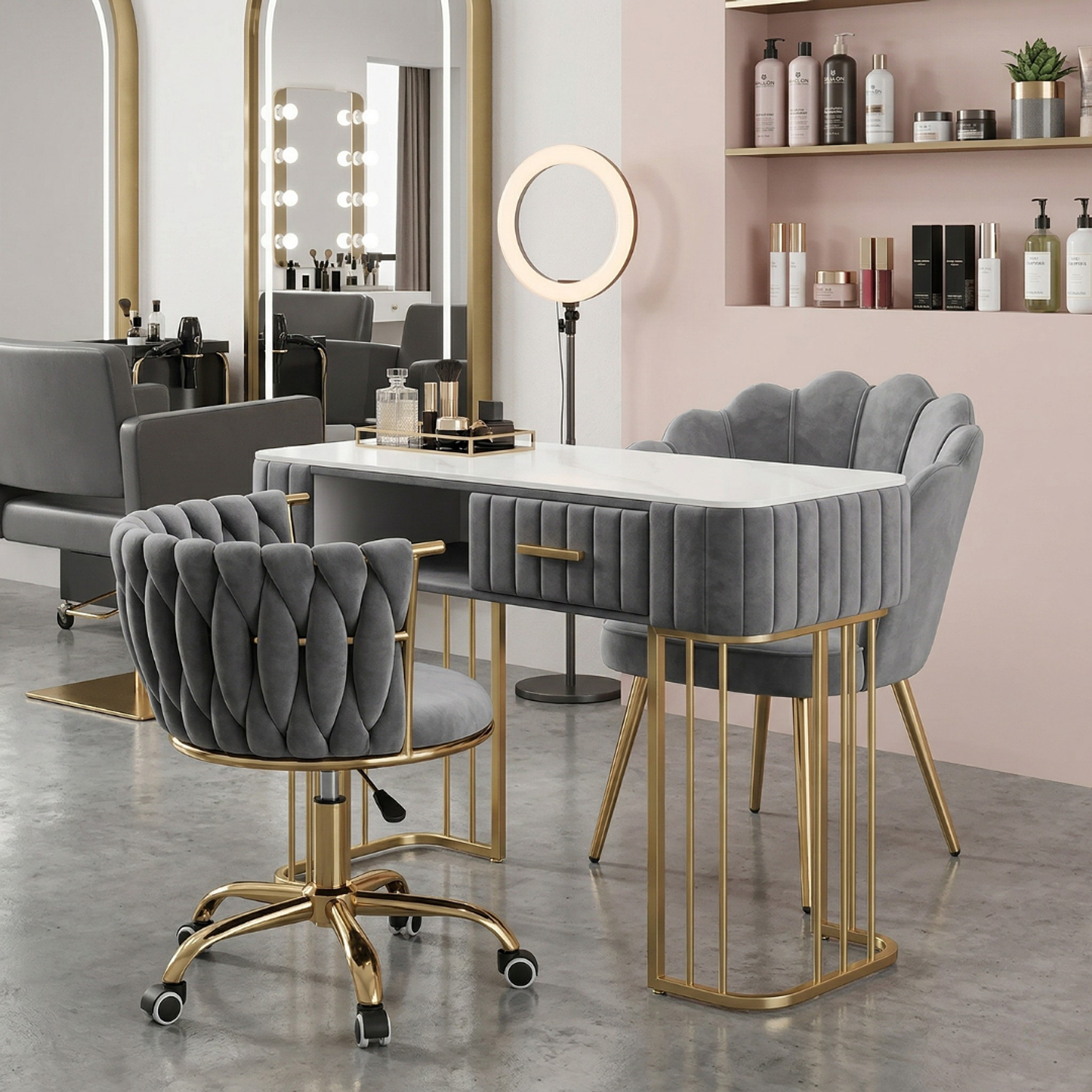 Set de Manicura Profesional con Mesa de Uñas y 2 Sillas Fija y Ruedas Velvet Gris 1
