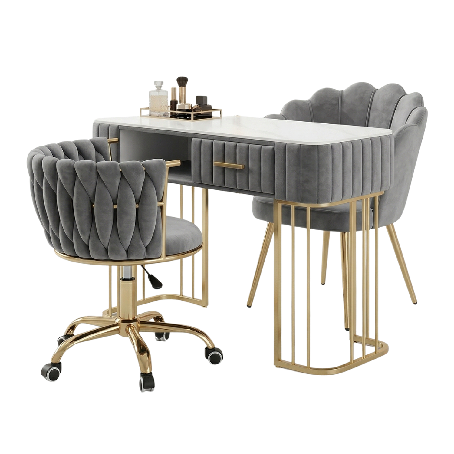 Set de Manicura Profesional con Mesa de Uñas y 2 Sillas Fija y Ruedas Velvet Gris 2