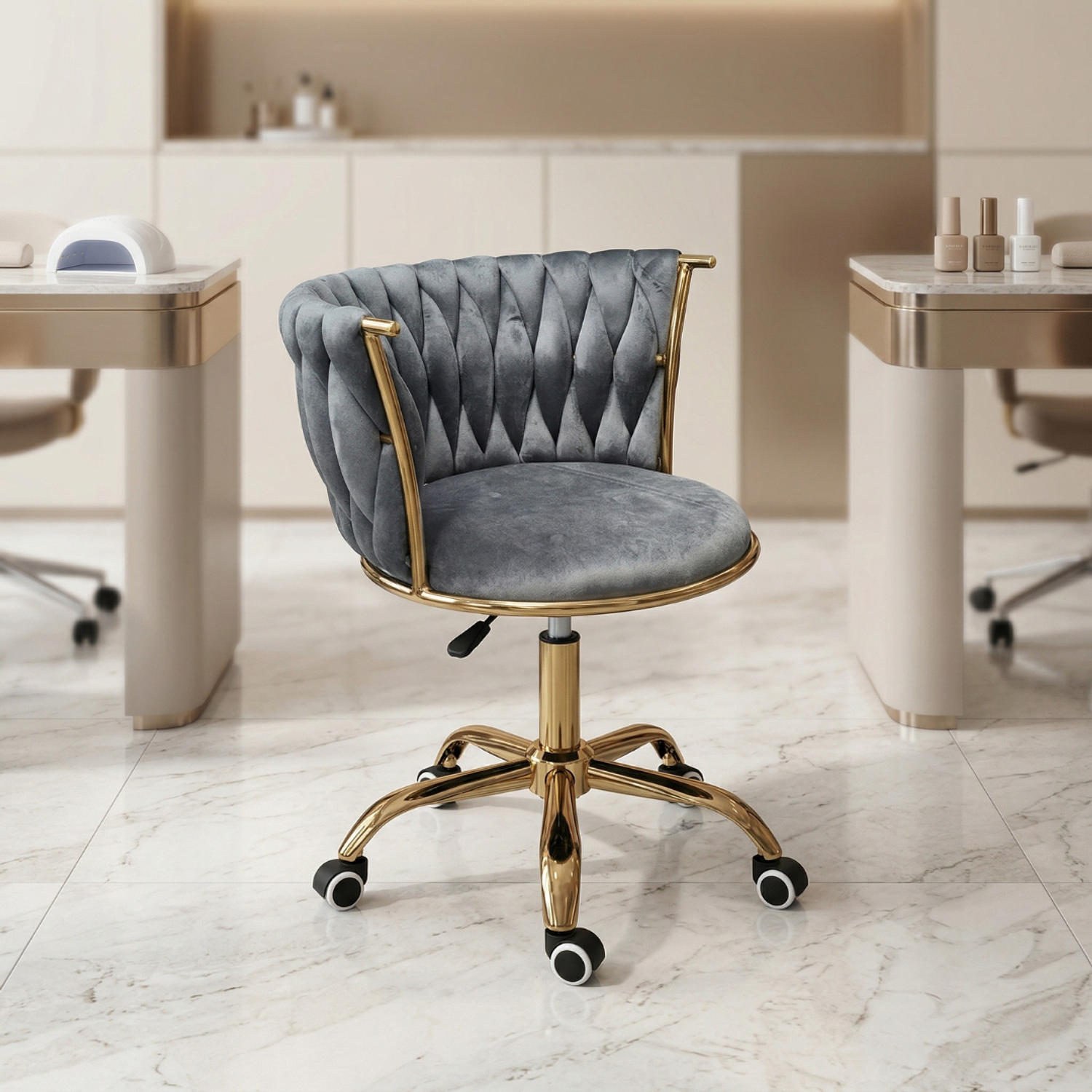 Set de Manicura Profesional con Mesa de Uñas y 2 Sillas Fija y Ruedas Velvet Gris 3