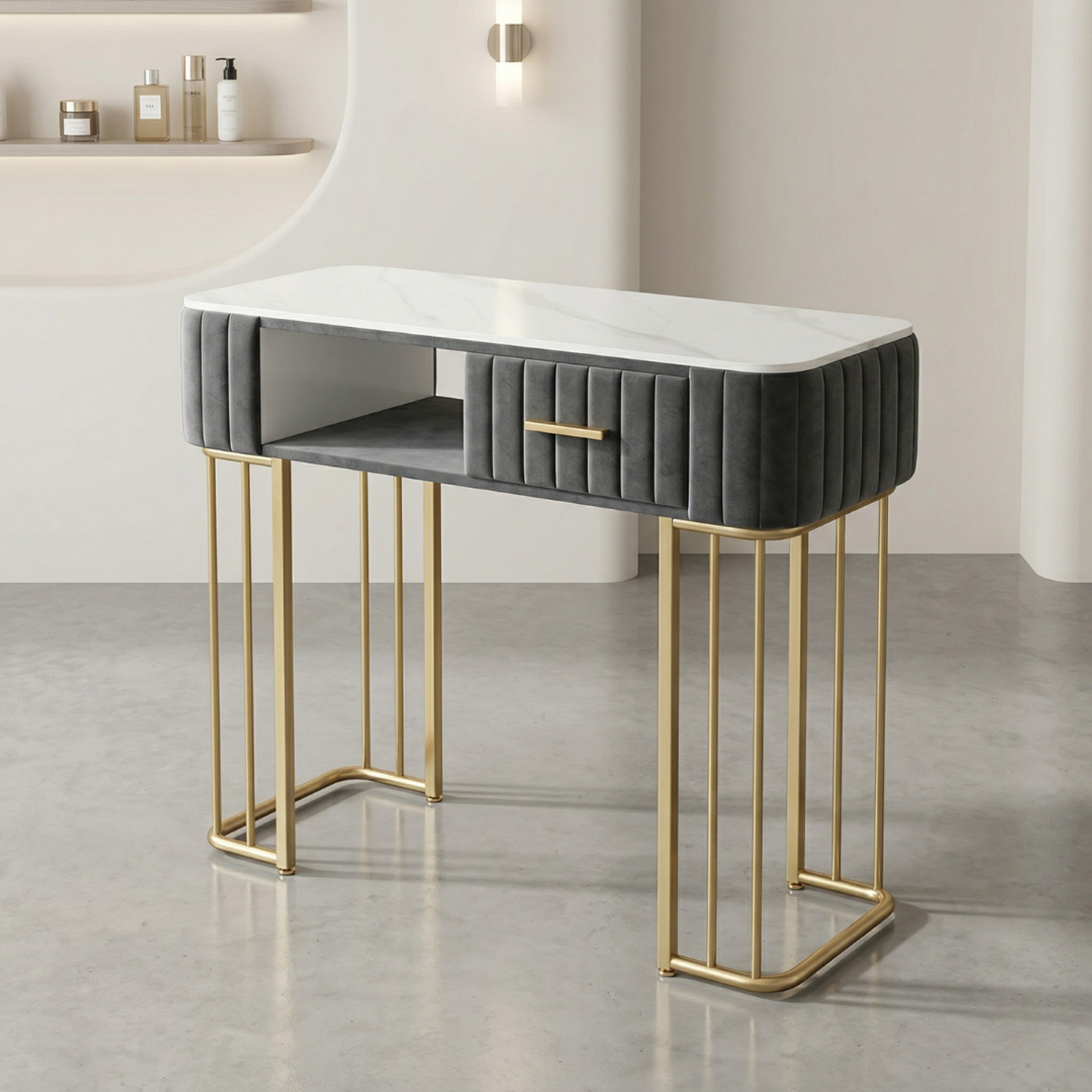 Set de Manicura Profesional con Mesa de Uñas y 2 Sillas Fija y Ruedas Velvet Gris 7